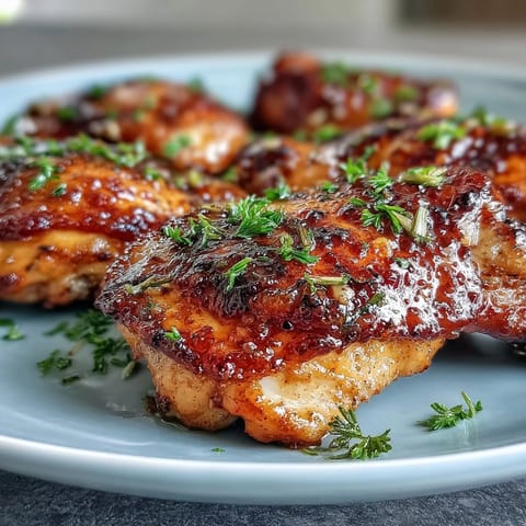 Honey Garlic Baked Chicken Thighs with a glossy, golden-brown glaze, served hot from the oven with fresh parsley garnish.