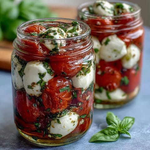 Fresh mason jar Caprese salad with cherry tomatoes, mozzarella, and basil, drizzled with balsamic dressing.