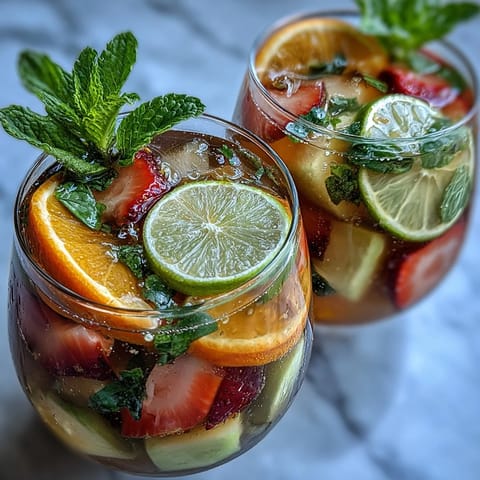 Vibrant Spring Sangria Mocktail with White Grape and Citrus, bursting with fresh orange, lemon, and mint.