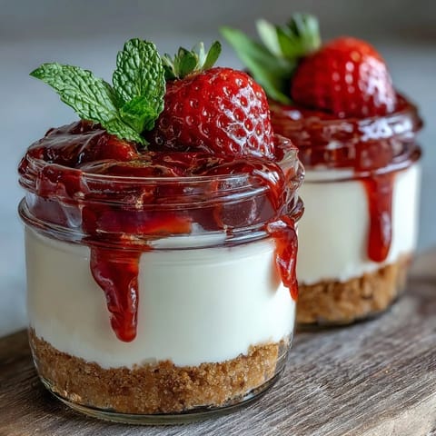 No-Bake Strawberry Cheesecake Jars with creamy filling and fresh strawberry compote in glass jars.  