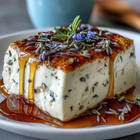 Silky honey lavender panna cotta with a delicate floral aroma, served chilled with fresh berries.