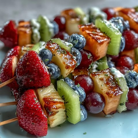 Vibrant Rainbow Fruit Skewers with Honey Dip: a refreshing medley of fresh fruit on skewers, served with a luscious, sweet honey-yogurt dip.