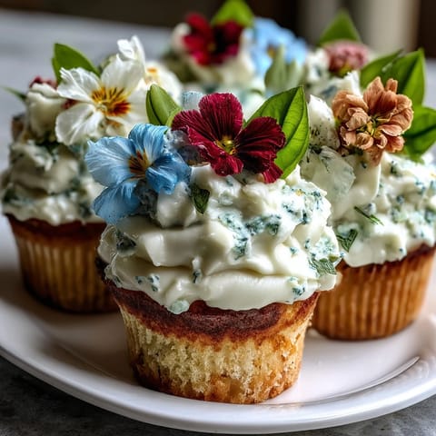 Delicate vanilla cupcakes with creamy buttercream frosting, beautifully decorated with vibrant edible spring flowers for a festive dessert.