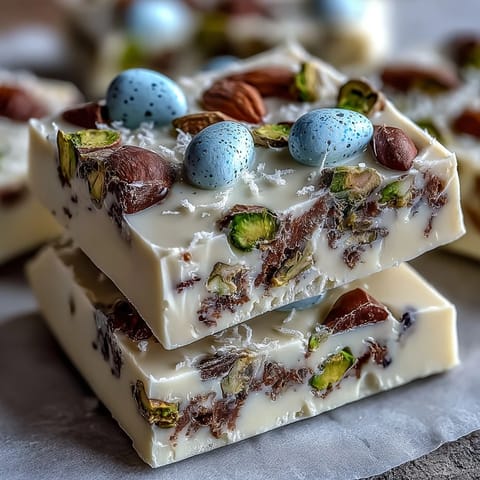 Delightful white chocolate bark featuring colorful Easter eggs and nutty pistachios, ideal for festive holiday gatherings.