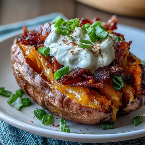 Crispy loaded sweet potato skins topped with smoky bacon, melted cheddar, and fresh green onions for a perfect appetizer.