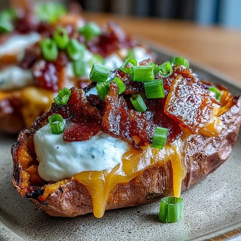 Golden-baked sweet potato skins filled with sharp cheddar, crispy bacon, and creamy sour cream—a crowd-pleasing snack.