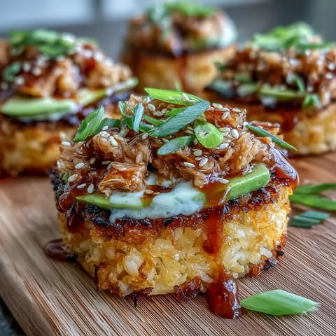 Crispy golden rice squares topped with creamy spicy tuna and fresh avocado slices, a sushi bar favorite appetizer.