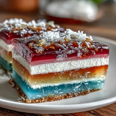 Vibrant rainbow jelly cake with agar-agar and coconut cream, showcasing colorful layers in a chilled dessert mold.