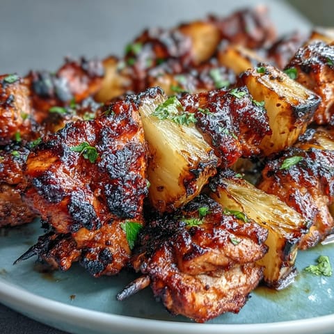 Grilled Chicken Al Pastor Skewers with juicy pineapple chunks and smoky marinade, perfect for summer cookouts.