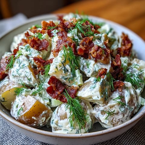 Memorial Day Potato Salad with Dill and Bacon - a creamy side dish with tender potatoes, crisp bacon, and fresh dill.