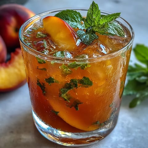 Refreshing iced peach green tea lemonade with vibrant green tea, sweet peach nectar, and tangy lemon juice over ice.