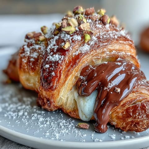 Decadent Dubai chocolate pistachio croissant French toast stuffed with rich dark chocolate and topped with crushed pistachios.