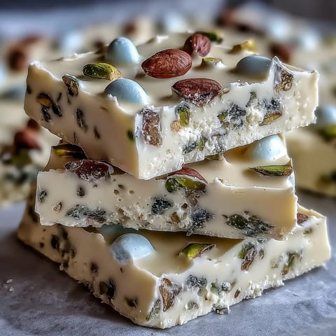 A vibrant white chocolate bark adorned with pastel Easter eggs and crunchy pistachios, perfect for springtime celebrations.