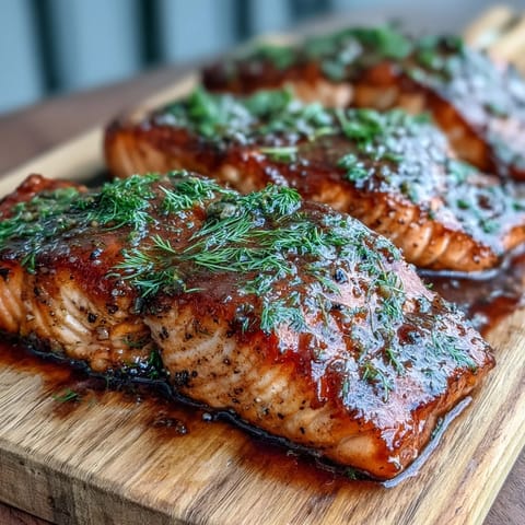 Succulent grilled salmon fillet with smoky cedar aroma and vibrant maple Dijon.