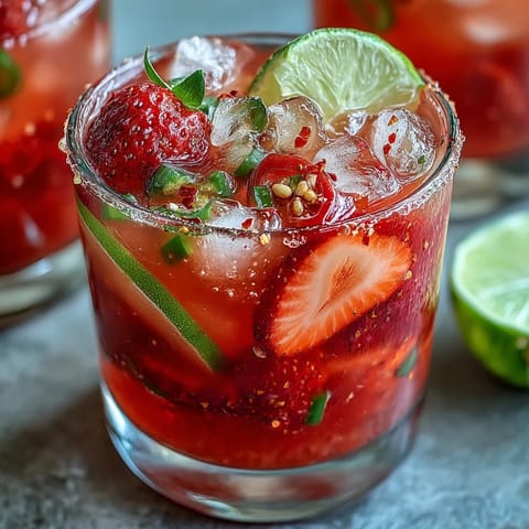 Refreshing strawberry chili limeade mocktail, perfectly chilled with sparkling water and mint.
