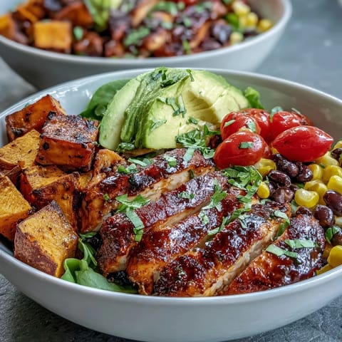 Flavorful BBQ chicken meal prep bowls featuring roasted sweet potatoes and savory black beans.