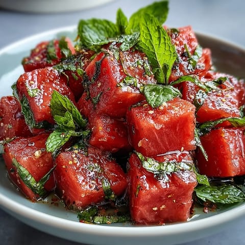 Close-up of juicy watermelon salad with mint, chili lime dressing and feta.