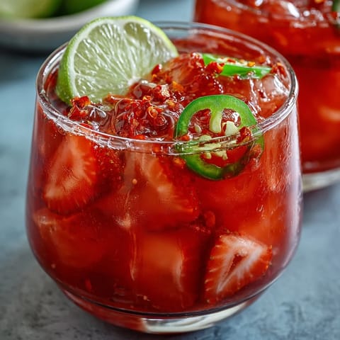 Vibrant strawberry chili limeade mocktail glows with fresh fruit and spicy lime zest.