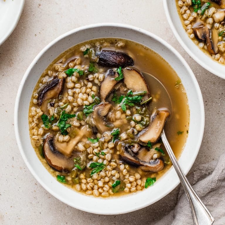 Close-up of a hearty Wild Mushroom and Barley Soup, showing tender barley and earthy mushrooms.