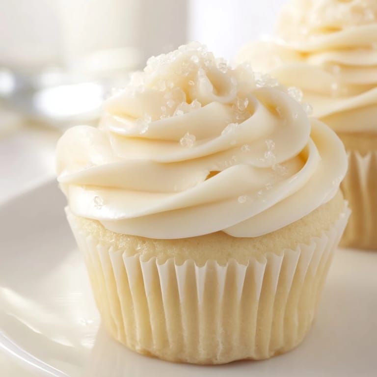 Delightful image of freshly baked vanilla cupcakes, topped with smooth, vanilla buttercream frosting.