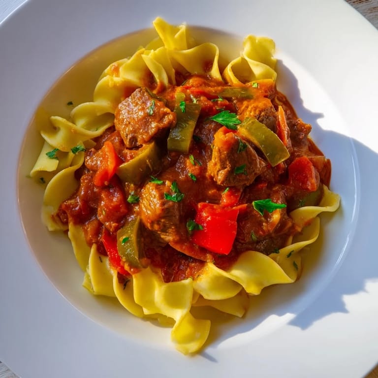 Steaming Hungarian Goulash presented with fresh parsley and sour cream on top of golden egg noodles.