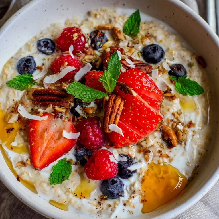 Imagine a vibrant photo of overnight oats with berries and honey, a delightful breakfast treat, cold and ready.
