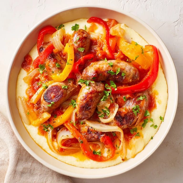 A steaming bowl of Herb-Cozy Skillet Sausage and Peppers, topped with fresh herbs and creamy polenta.