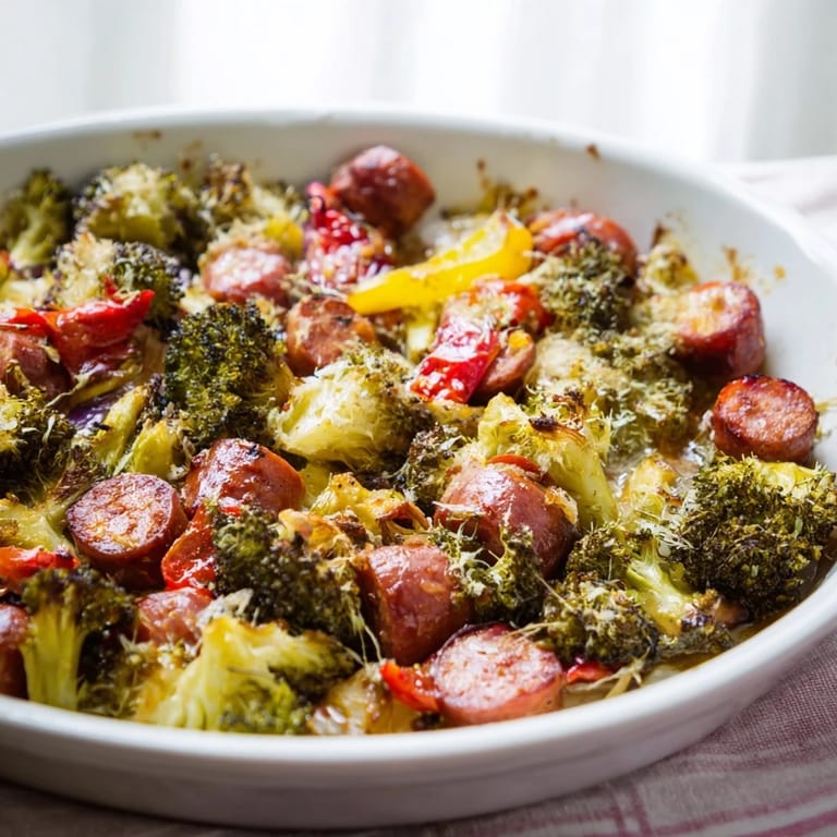 Vibrant image of oven-roasted Simple Rustic Sheet-Pan Sausage, broccoli, and bell peppers, a delicious and gluten-free meal.