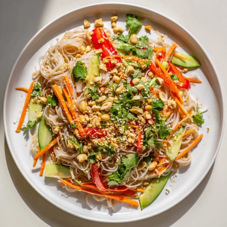 Delectable vegetarian Spicy Peanut Noodle Salad, featuring vibrant veggies, perfect for a fresh lunch.