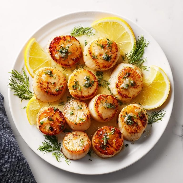 Close-up of Harbor-Style Seared Scallops, showcasing the sear, herb butter, and lemon garnish for coastal flavors.