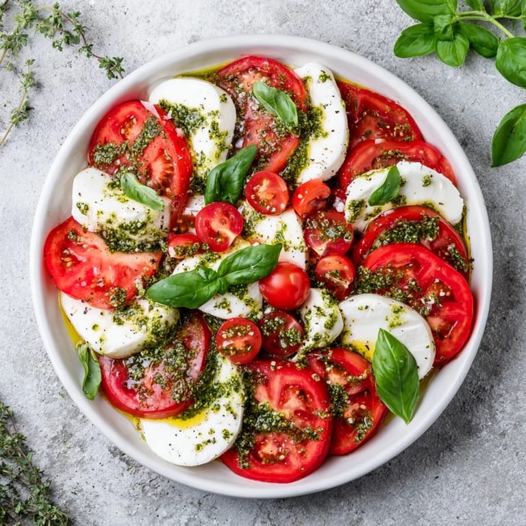 Enjoy a light and refreshing Caprese salad with basil vinaigrette; a beautiful vegetarian meal.