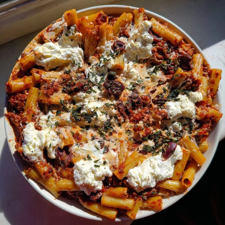 Freshly baked Olive Baked Ziti shows melted mozzarella topping the hearty pasta dish.