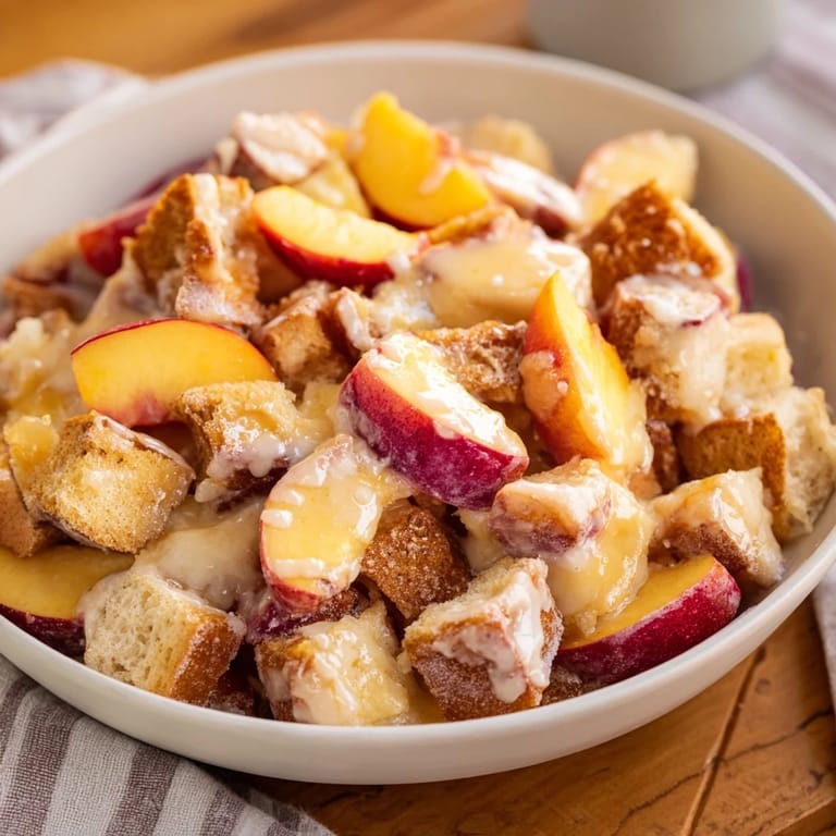 Freshly baked Peach and Ginger Crumble, served warm with a scoop of vanilla ice cream for a delightful dessert.