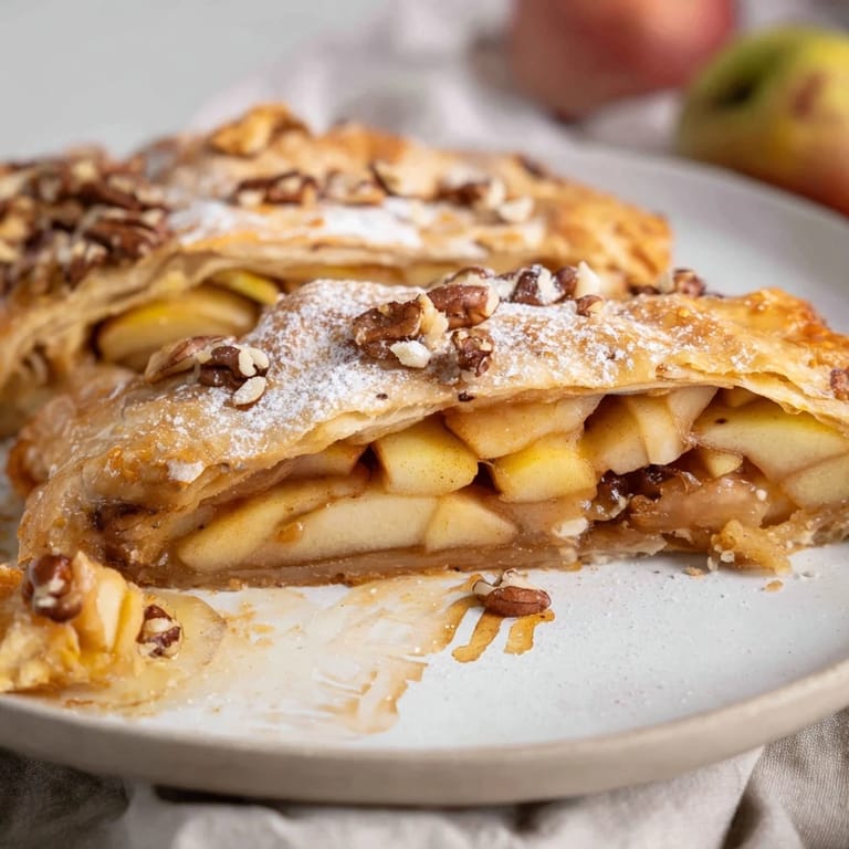 Warm, inviting close-up of a freshly baked Apple Strudel, served with creamy vanilla sauce.