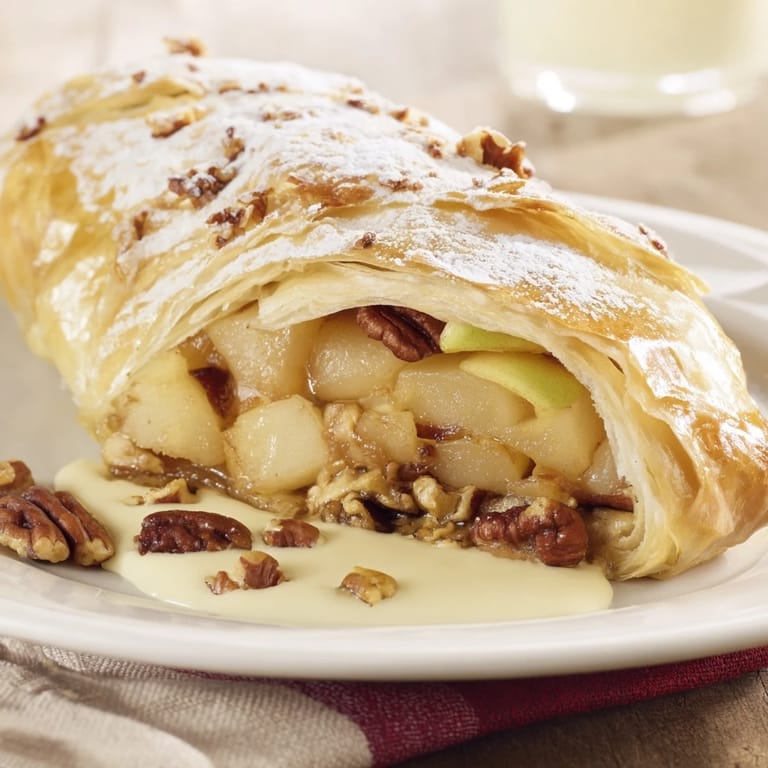 Slice of Apple Strudel revealing the spiced apple filling, ideal treat for a cozy gathering.