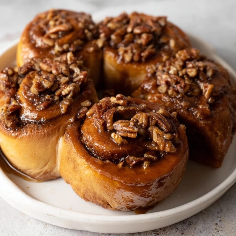 Freshly baked Maple Pecan Sticky Buns, a delightful close-up of the cinnamon-pecan swirl.