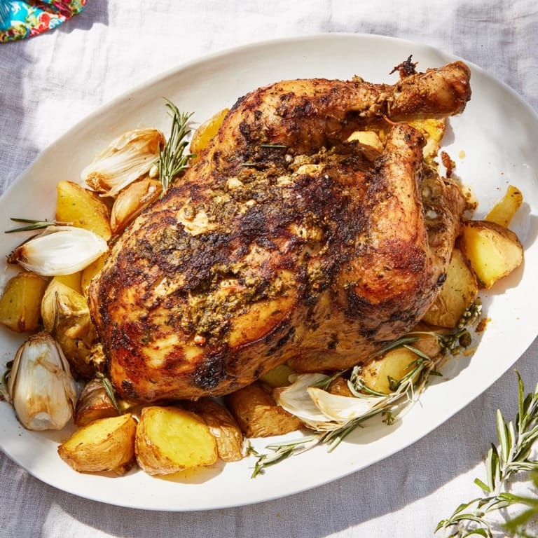 A rustic and flavorful image of Roast Chicken with Rosemary and Garlic, ready to serve for dinner.