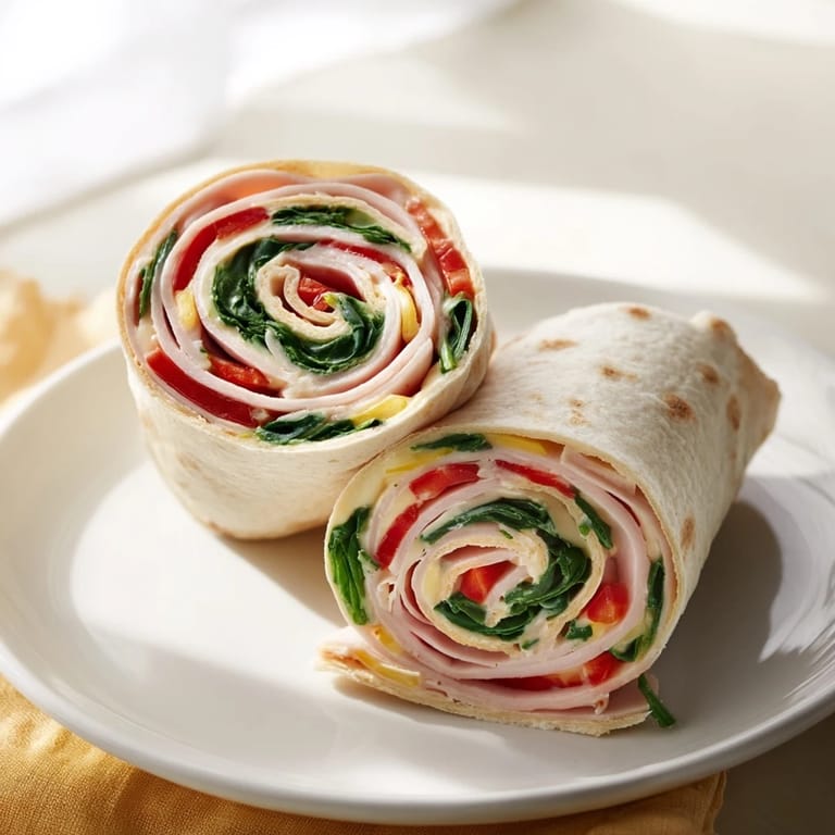 Freshly made Turkey and Provolone Pinwheels displaying layers of turkey, cheese, & vegetables.
