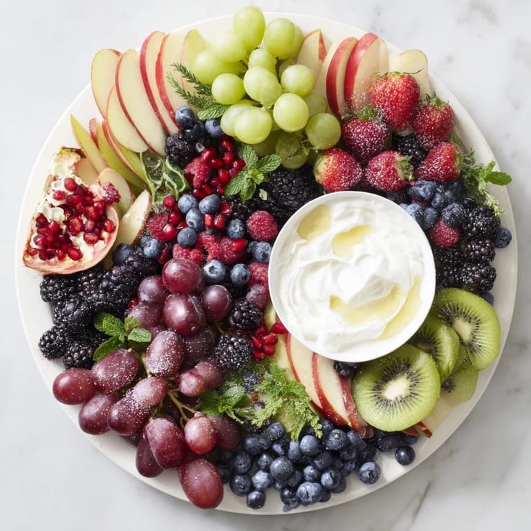 A stunning, ring-shaped Winter Berry Wreath Fruit Board, perfect for a party, bursting with seasonal berries and kiwi.