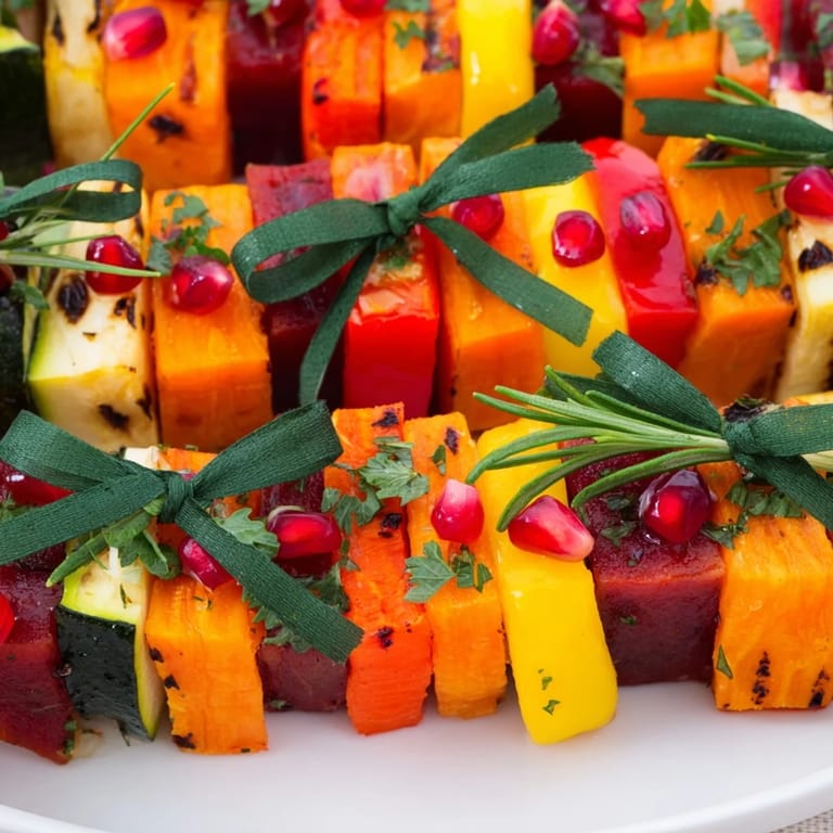 Tender, roasted Christmas Present Veggie Crates, visually stunning with chive ribbons and pomegranate accents.