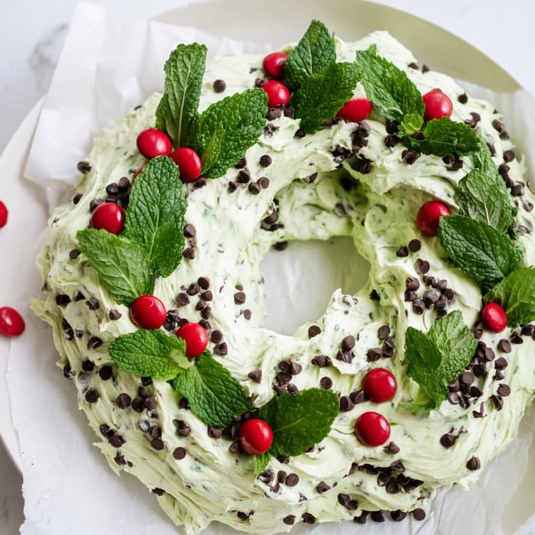 Festive Mint Chocolate Chip Dip Wreath with red candies and fresh mint, perfect for holiday gatherings.