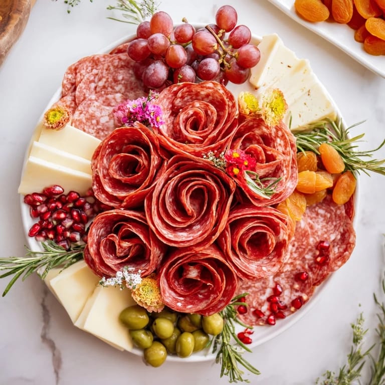 Festive holiday charcuterie board featuring salami, prosciutto, and capicola meat roses, ready to serve with crackers.