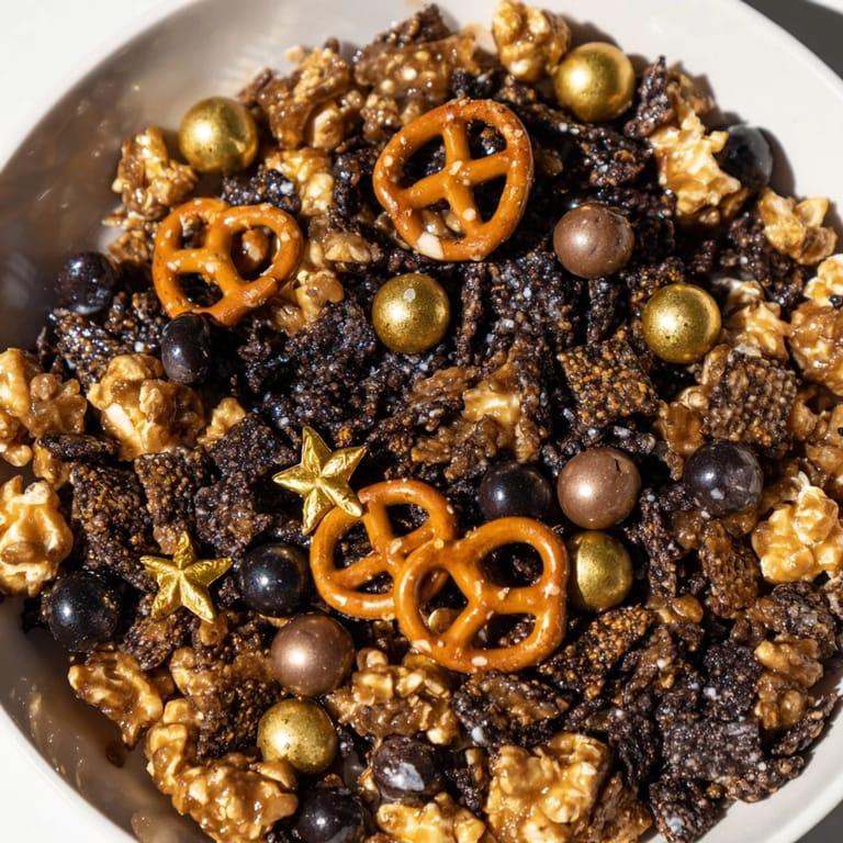 A close-up of the Gold and Black Midnight Snack Mix, filled with chocolate and gold accents.