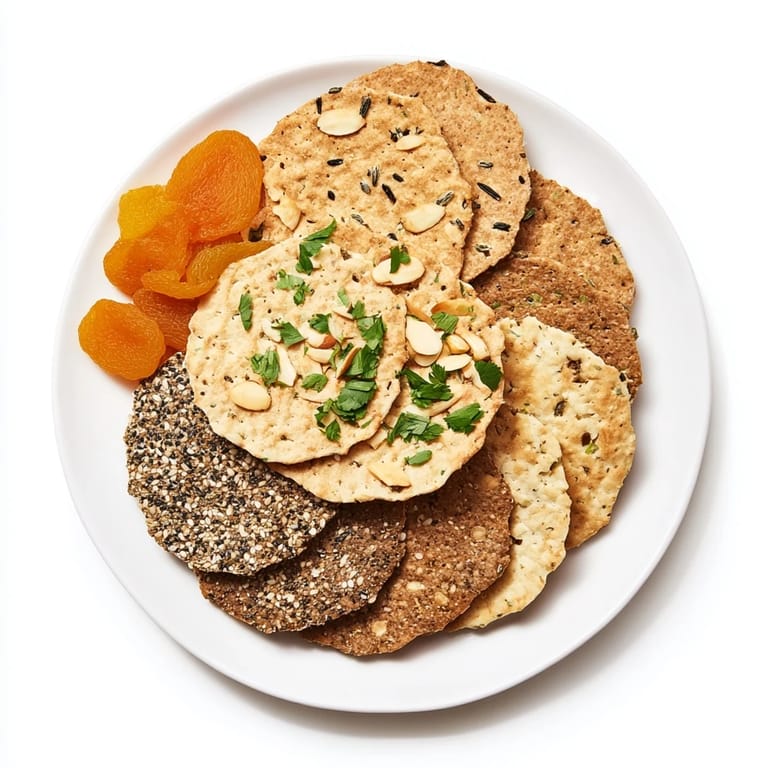 Crisp gourmet crackers, arranged for a beautiful cheese and cracker appetizer spread with herbs and toppings.