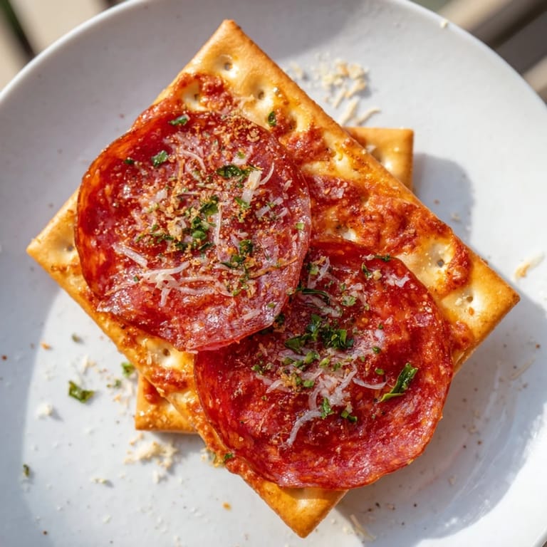 Easy appetizer: Golden cheese bubbles on pepperoni, layered on crackers, offering a warm and cheesy bite.
