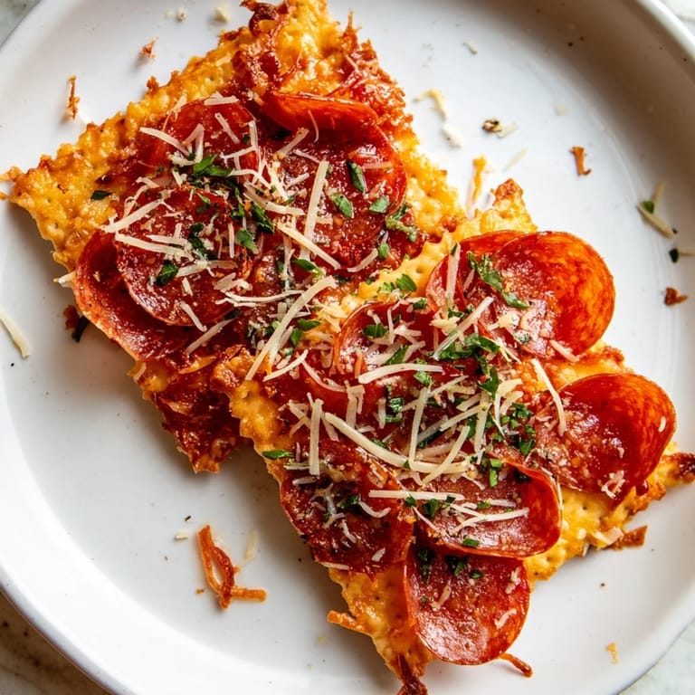 Quick Savory Bites recipe features crispy pepperoni and melted cheese served for an appetizer.