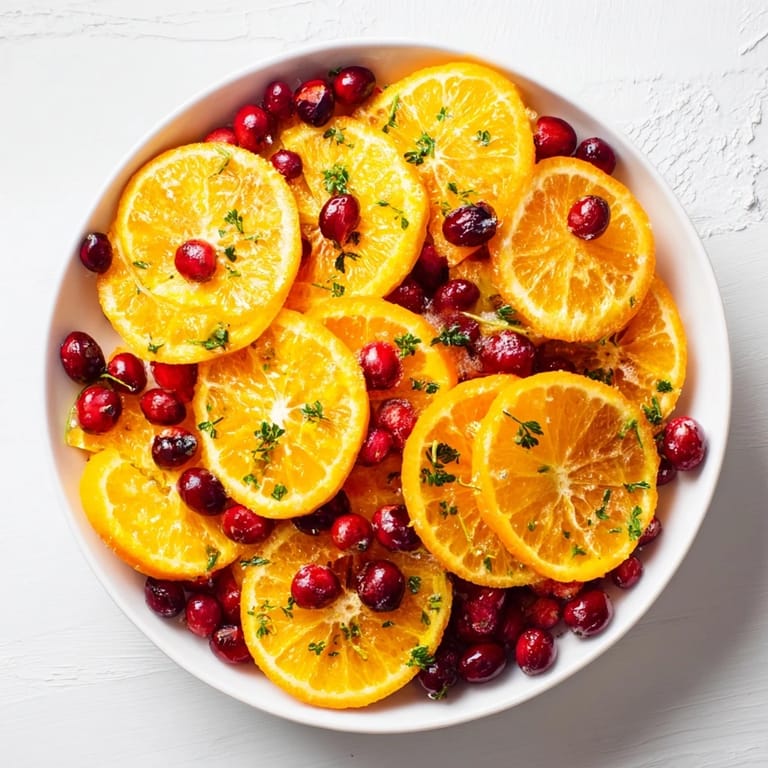 A visually appealing arrangement of fresh Winter Fruit: sweet orange segments glistening with vibrant cranberries.