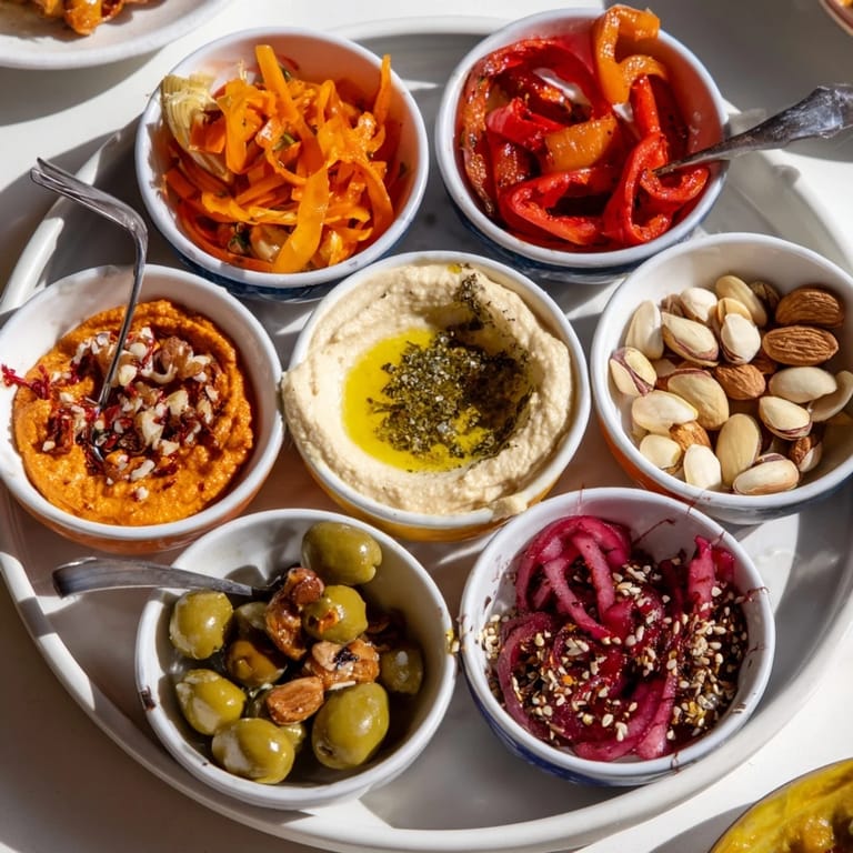 A beautifully arranged Moroccan Tile Mosaic platter: a feast of dips, olives, and toasted bread.