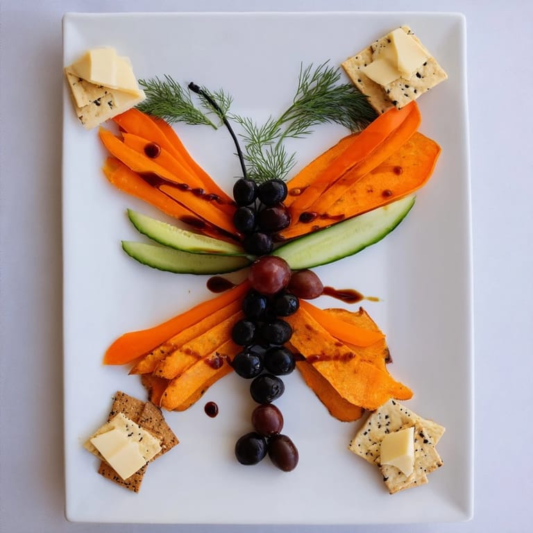 Detailed view of delicious Monarch Butterfly Wings with fresh dill antennae and a cucumber body ready for tasting.