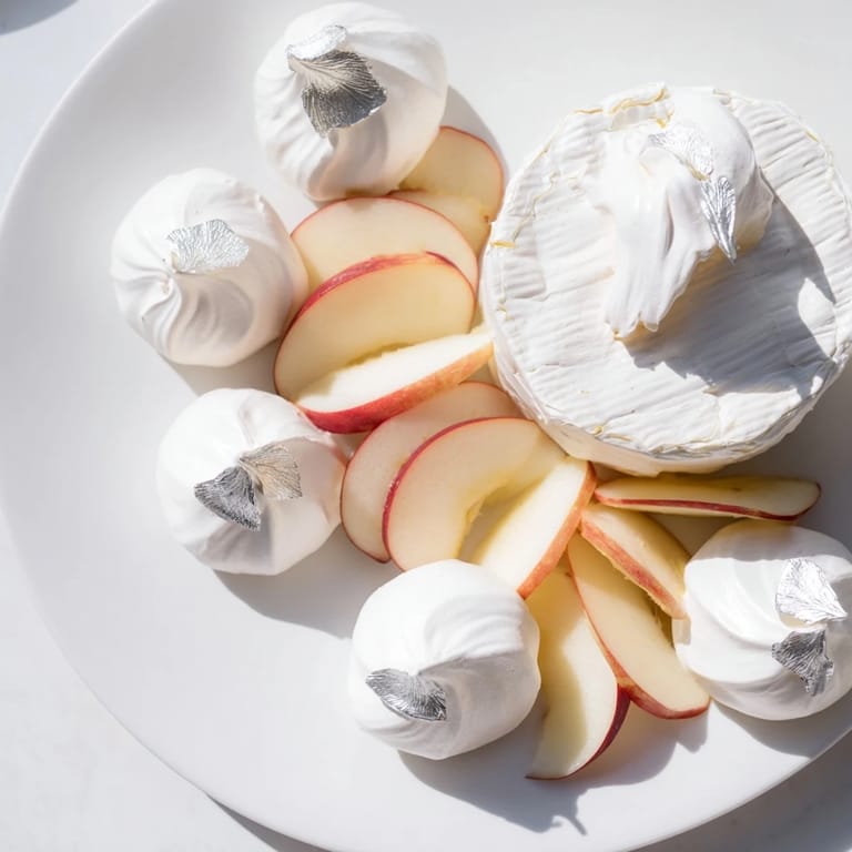 Elegant Pearly Gates cheese board features a beautiful pairing of meringue kisses and sliced peaches.